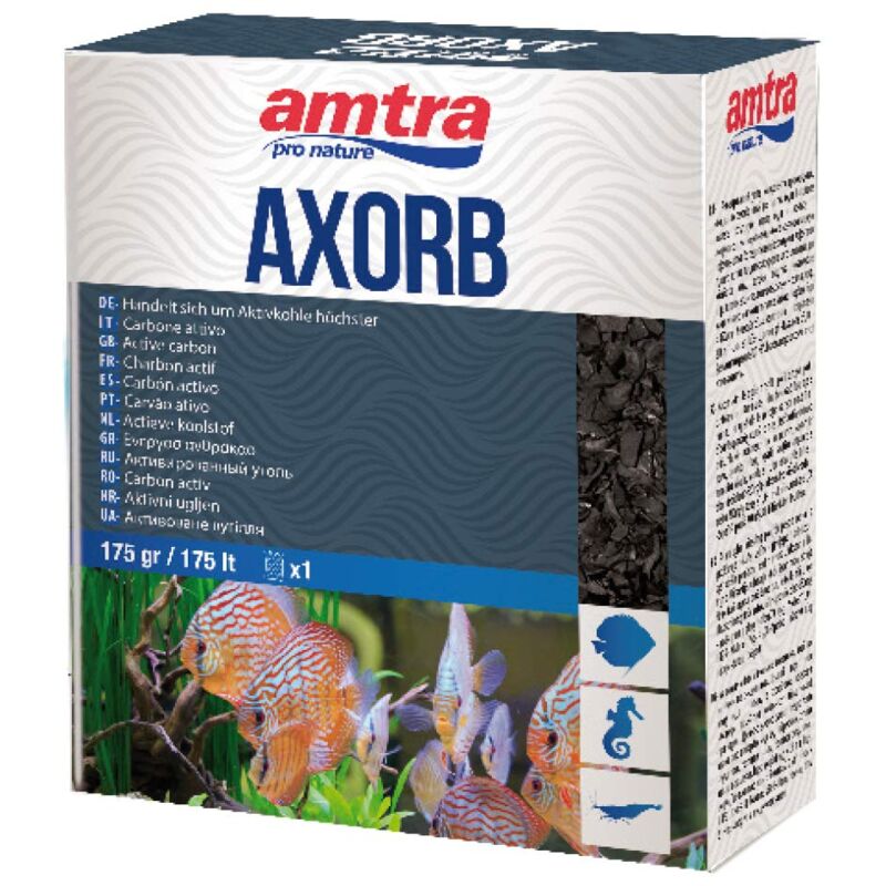 foto del prodotto amtra axorb carbone attivo acquario di origine minerale, acqua cristallina, previene gli odori, formato 1 retina x 175 g