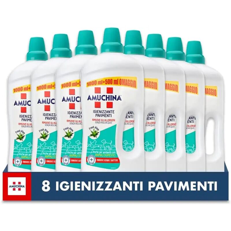 foto del prodotto amuchina 8x detersivo igienizzante pavimenti fresh aloe 8 flaconi da 1.5 lt
