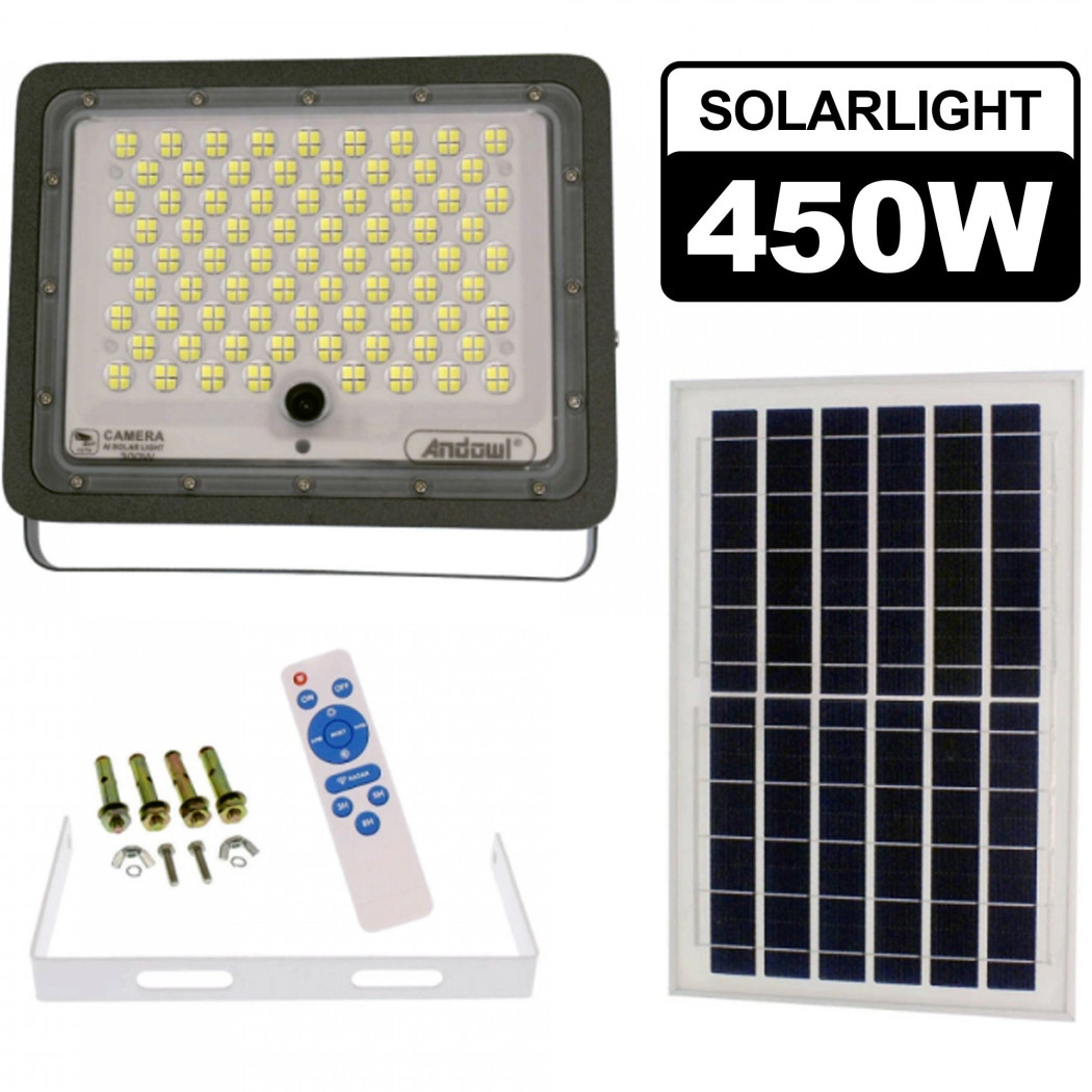 foto del prodotto andowl lampada stradale 450w led con pannello solare proiettore ip camera wifi q sx77 