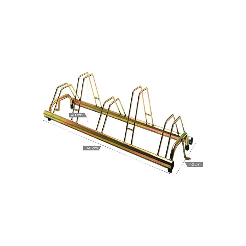 foto del prodotto andrys portabici a pavimento da esterni e interni 5 posti, con tappi in pvc neri e posteggio alto e basso, zincato a freddo, colore tropical oro,