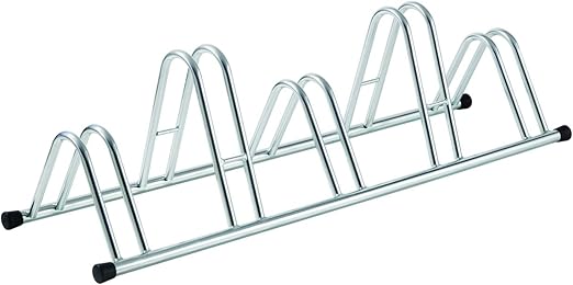 foto del prodotto andrys rastrelliera porta bicicletta 5 posti, con posteggio alto e basso, con tappi in pvc neri, zincatura a freddo, colore argento, 140 x 42 x 40 cm