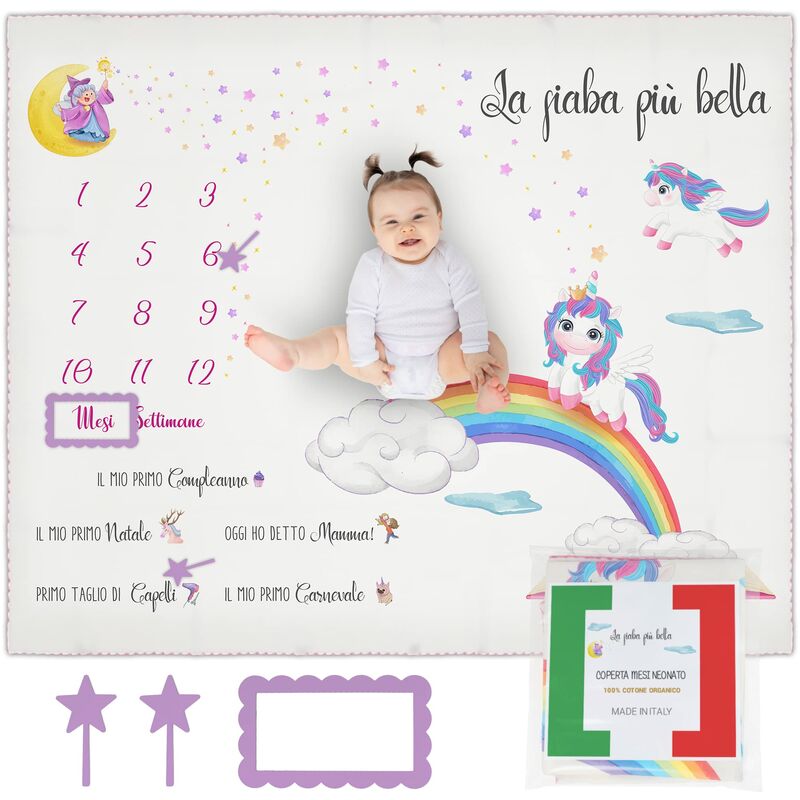 foto del prodotto andy helen coperta mesi neonato 100 cotone made in italy con segnamesi 103x135cm unicorno