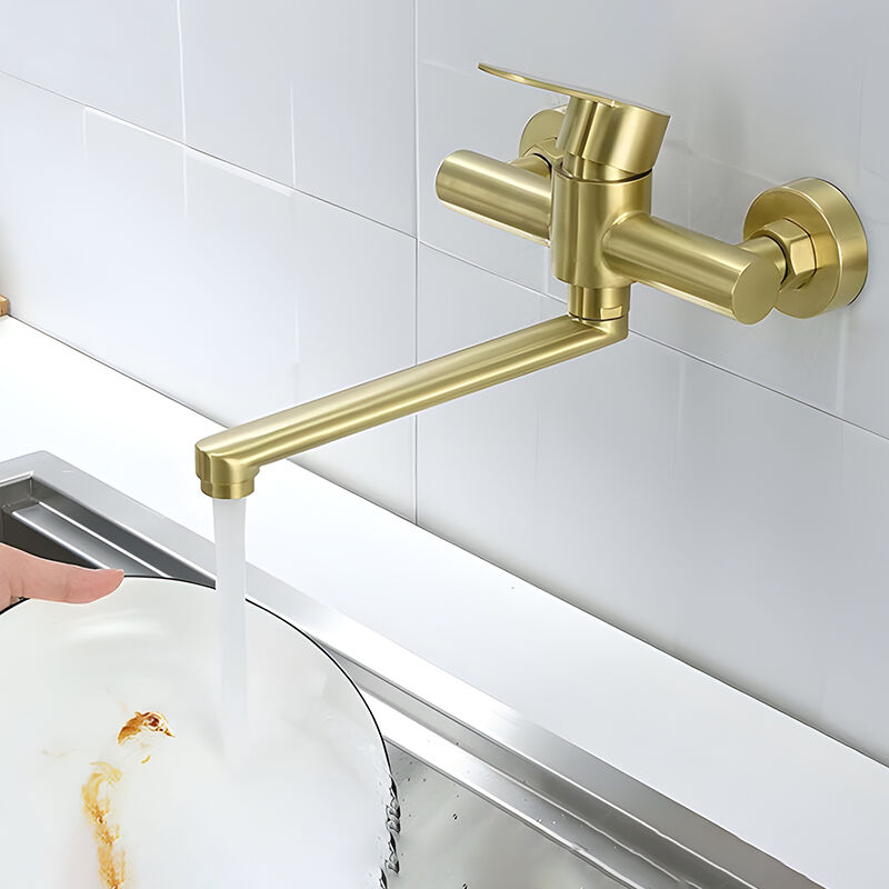 foto del prodotto andyou rubinetto da cucina girevole a 360 , a parete, in acciaio inox 304, miscelatore monocomando per lavello da cucina, oro spazzolato