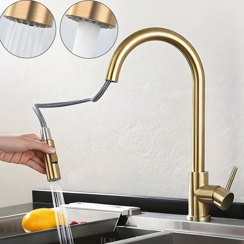foto del prodotto andyou rubinetto da cucina in oro con doccetta estraibile, moderno miscelatore da cucina in acciaio inox con maniglia singola, oro spazzolato