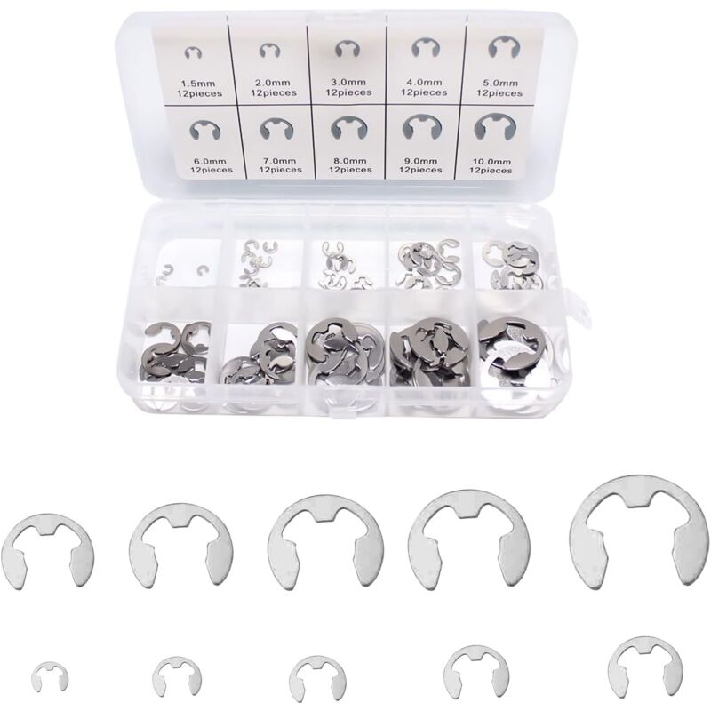 foto del prodotto anelli elastici interni, anello elastico interno, anello elastico a e, set di anelli elastici a e in acciaio inossidabile, 120 anelli di fissaggio a