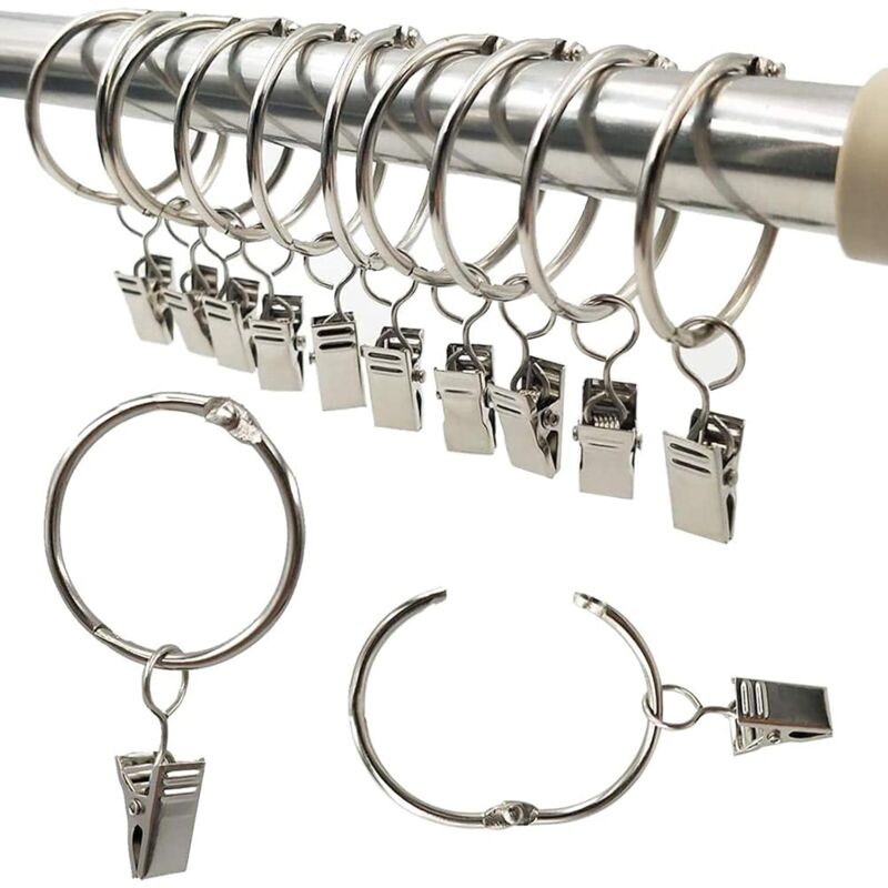 foto del prodotto anelli per tende, 10 pezzi anelli per tende con clip, set di ganci decorativi in metallo per tende, diametro interno 35 mm, argento, antiruggine