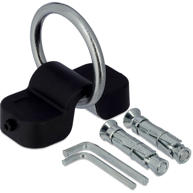 foto del prodotto anello antifurto bici e moto, 10 mm, ancoraggio a muro biciclette e scooter, acciaio, plastica, nero argentato relaxdays