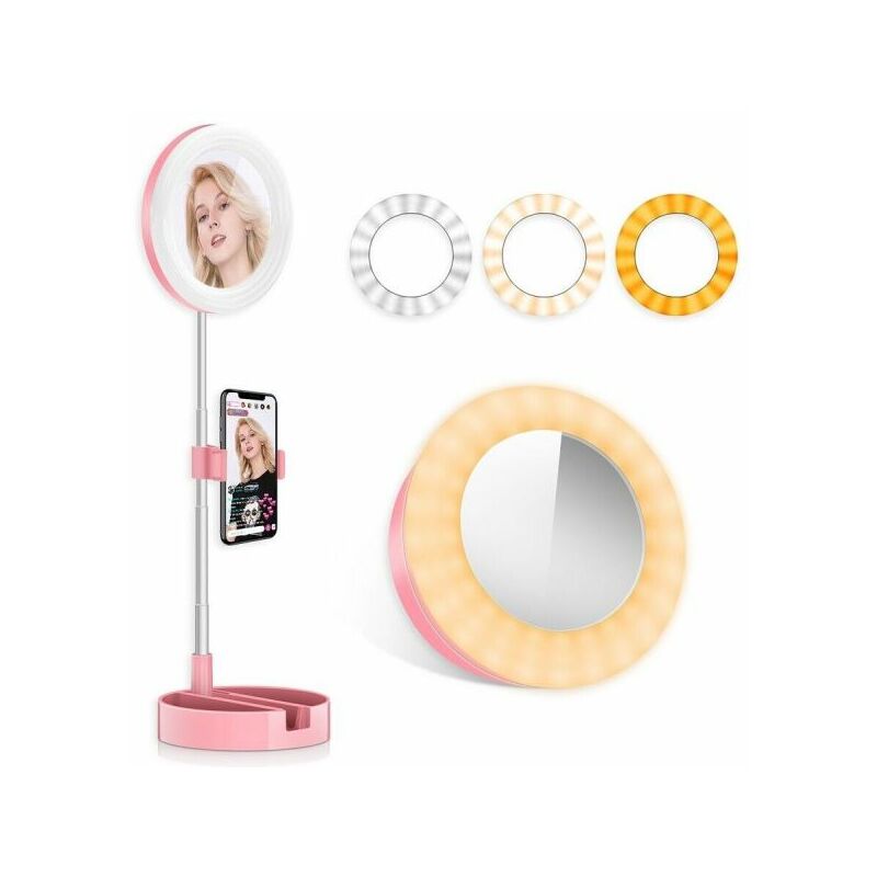 foto del prodotto anello luminoso specchio led telescopico con supporto cellulare selfie 3 luci