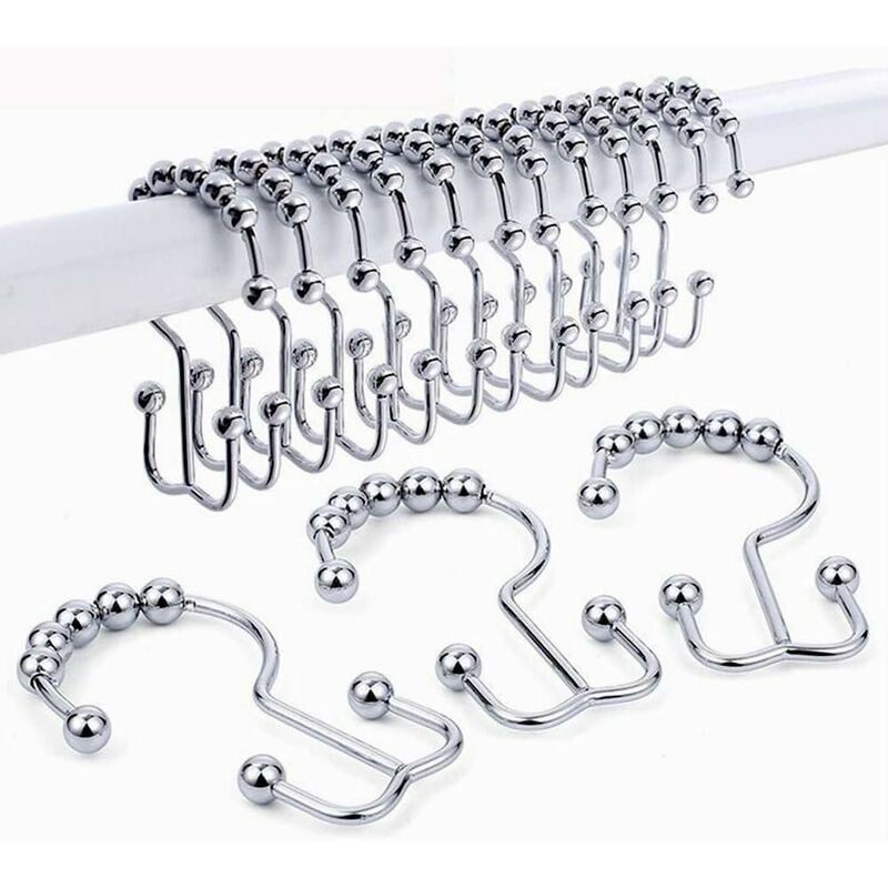 foto del prodotto anello per gancio per tenda da doccia, gancio per doccia scorrevole a doppio rullo in metallo antiruggine per tende da barra per doccia da bagno, set