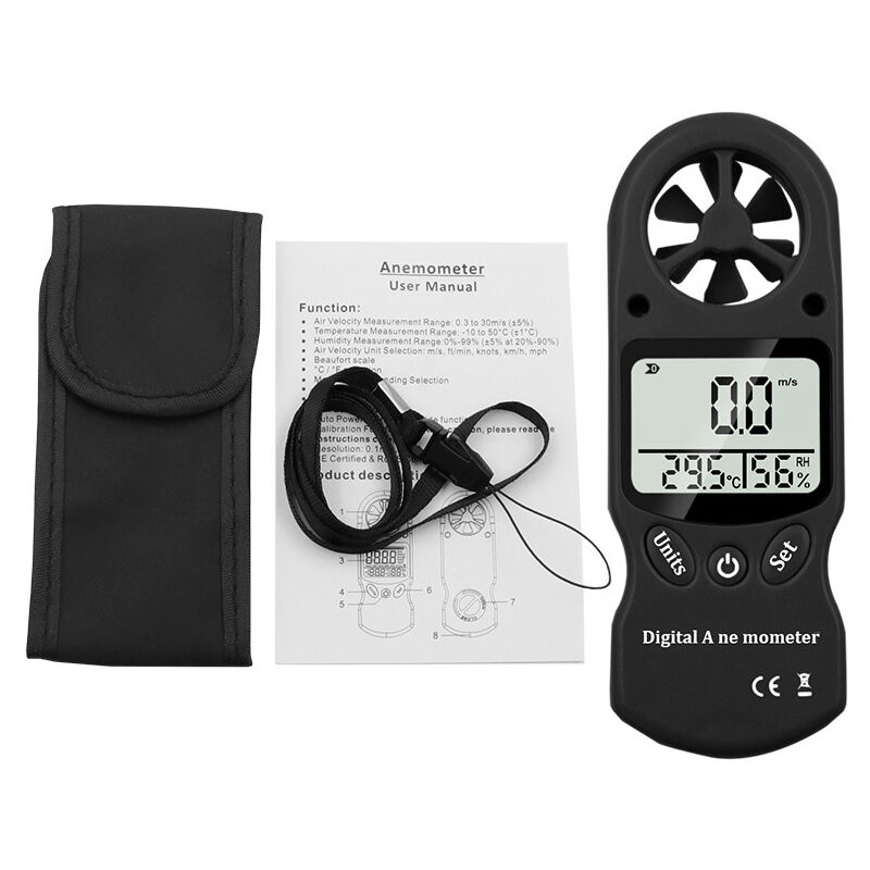 foto del prodotto anemometro digitale, mini misuratore del vento multifunzione portatile 3 in 1 termometro igrometro aquilone vela surf tiro parapendio