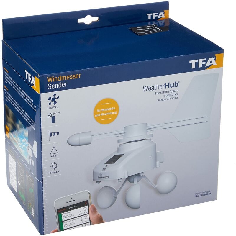 foto del prodotto anemometro radio solare tfa dostmann weatherhub, 30.3307.02, monitoraggio tramite smartphone, bianco
