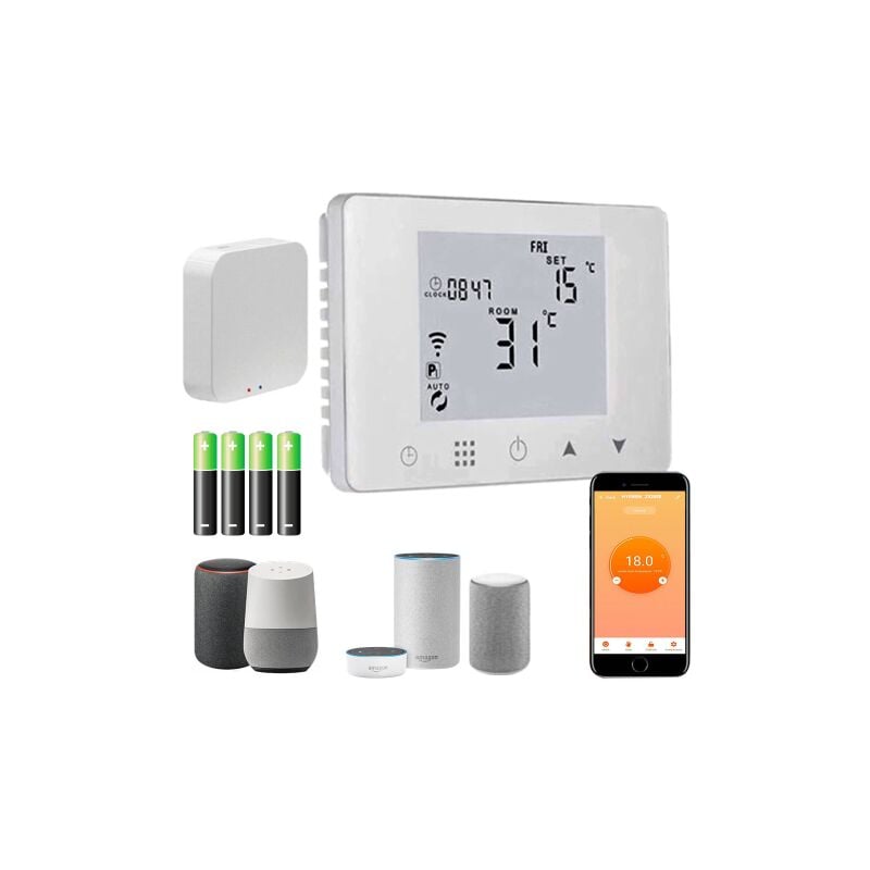 foto del prodotto anfel cronotermostato wifi a batterie programmabile smartphone app alexa google termostato caldo freddo da parete o box 503 con gateway zigbee