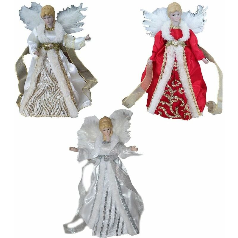 foto del prodotto angelo custode con pelliccia oro bianco rosso per puntale albero di natale h 27 decorazioni natalizie addobbi in tessuto colorigenerali bianco e