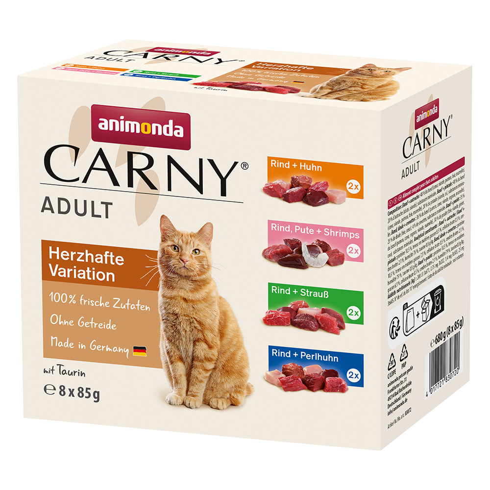 foto del prodotto animonda carny buste 8 x 85 g pacco misto umido per gatti 4 gusti saporito manzo pollo manzo, tacchino gamberetti manzo struzzo manzo faraona