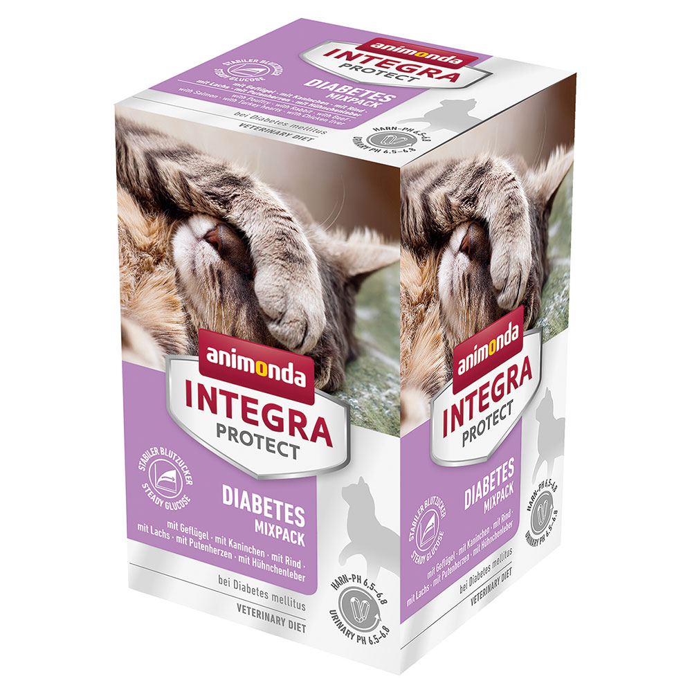 foto del prodotto animonda integra protect adult diabetes vaschetta umido per gatto 6 x 100 g mix pollame, coniglio, manzo, salmone, cuori di tacchino, fegato di pollo