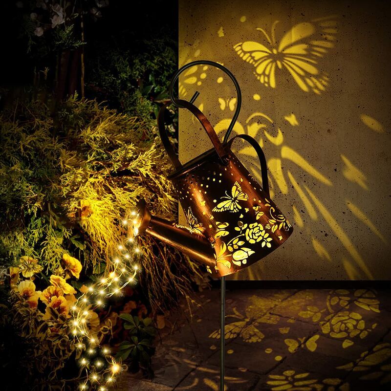 foto del prodotto annaffiatoio solare con luci a stringa, annaffiatoio solare con luci a stringa, luci solari da esterno in metallo impermeabili con supporto, luce