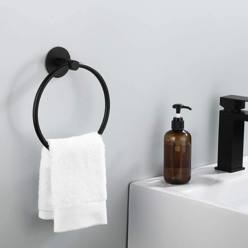 foto del prodotto anneau porte serviette adh sif pour salle de bain, porte serviette rond moderne sans per age, fixation murale en acier inoxydable sus 304, noir mat