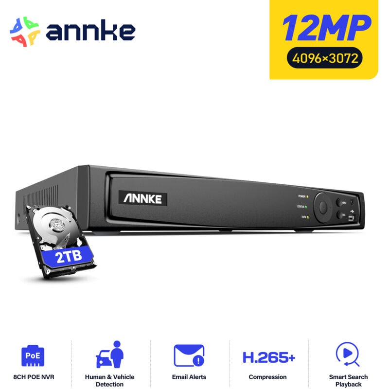foto del prodotto annke 12mp 8ch nvr per sistema di sicurezza domestica poe registrazione 24 7, hdd da 2 tb