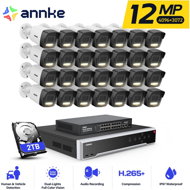 foto del prodotto annke 12mp kit di videosorveglianza esterne poe 32ch nvr 28 telecamere visione notturna intelligenti doppia luce,avviso e mail, app pc poe kit