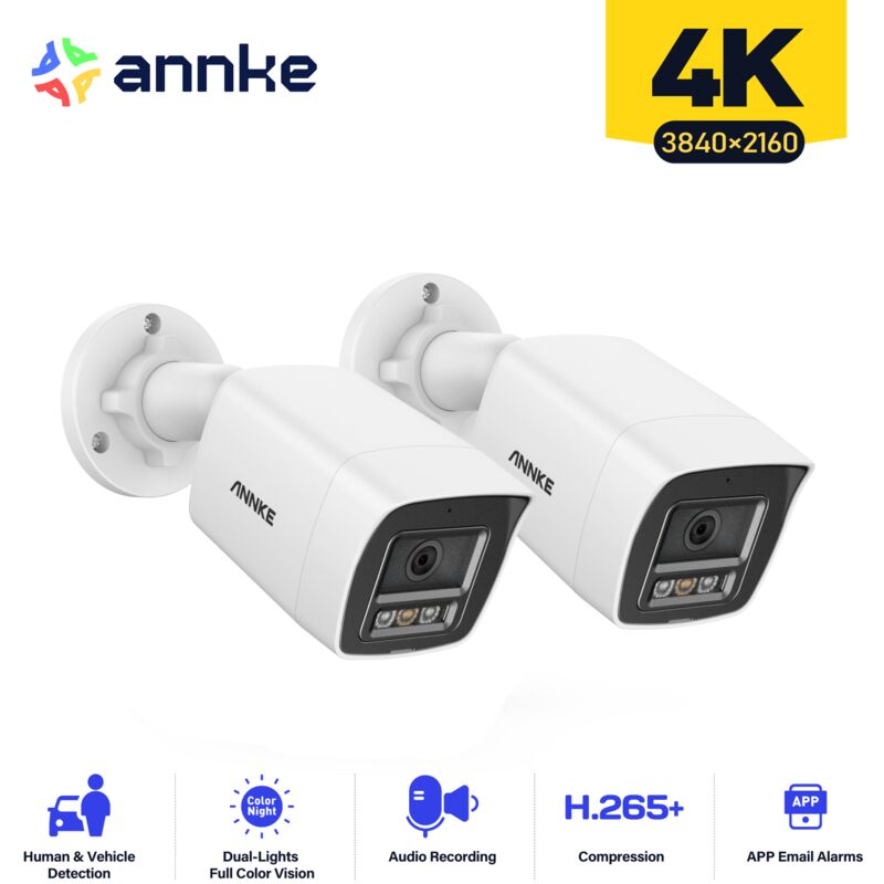 foto del prodotto annke 2pcs 4k telecamera bullet di sorveglianza interni esterni rilevamento persone veicoli, accesso remoto visione notturna acolori