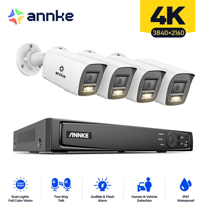 foto del prodotto annke 4k kit di videosorveglianza esterni 8ch nvr 4 telecamere intelligent dual light audio 2 vie,visione notturna,rilevamento movimento kit