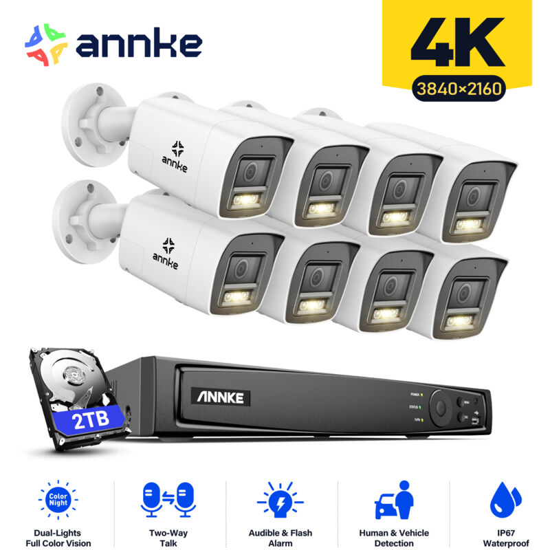 foto del prodotto annke 4k kit di videosorveglianza esterni 8ch nvr 8 telecamere intelligent dual light audio 2 vie,visione notturna,rilevamento movimento kit