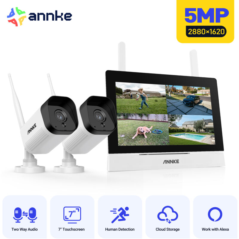 foto del prodotto annke kit di sorveglianza wireless con schermo lcd da 7 , 2 telecamere di sicurezza esterne wifi 5mp, nvr 4ch 5mp touch screen ips, visione