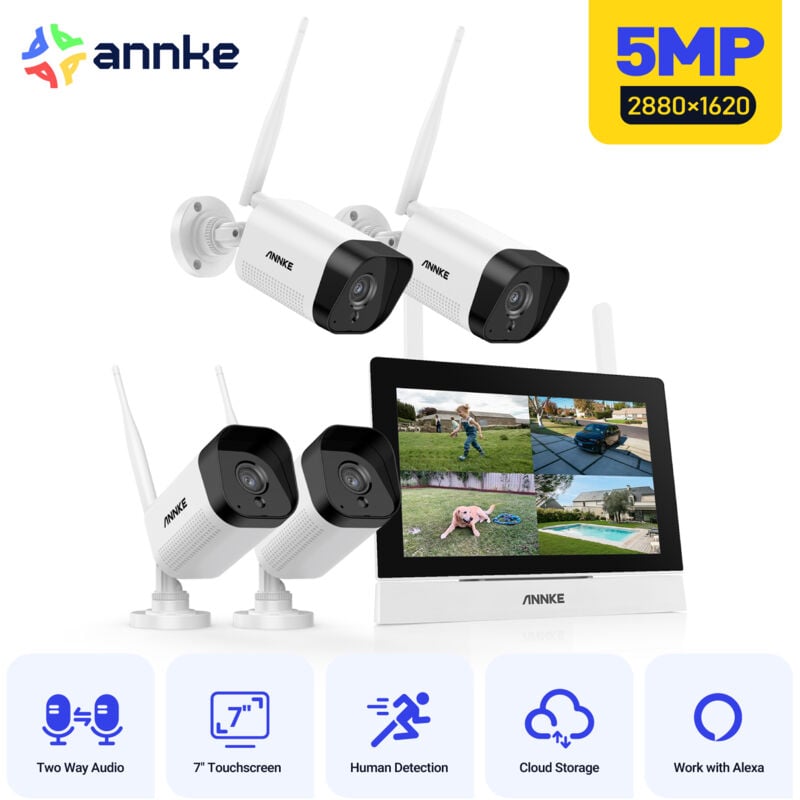 foto del prodotto annke kit di sorveglianza wireless con schermo lcd da 7 , 4 telecamere di sicurezza esterne wifi 5mp, nvr 4ch 5mp touch screen ips, visione
