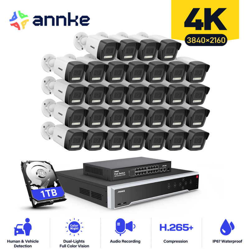 foto del prodotto annke kit di videosorveglianza esterno 32ch nvr 32 telecamere avviso e mail,visione notturna,rilevamento movimento,sistema di sicurezza telecamera