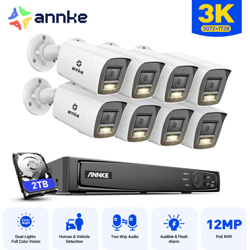 foto del prodotto annke kit di videosorveglianza esterno 8ch nvr 8 telecamere intelligenti doppia luce visione notturna,audio bidirezionale, app pc kit telecamera