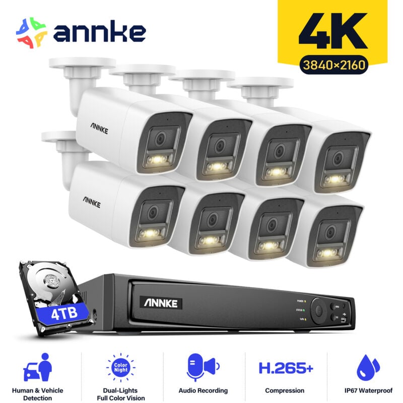 foto del prodotto annke kit telecamera di sorveglianza per esterni poe da 8 mp con 8 telecamere, allarme e mail, accesso remoto, 4 tb