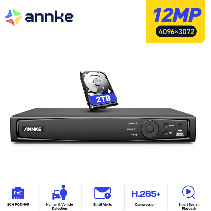 foto del prodotto annke nvr poe a 8 canali 12 mp, videoregistratore di rete per sistema di telecamere a circuito chiuso da 12 mp, supporta 8 telecamere di sicurezza