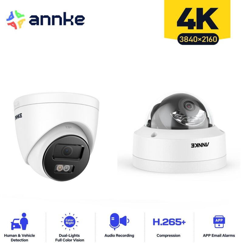 foto del prodotto annke telecamera di sorveglianza 4k interni esterni, rilevamento di persone veicoli, accesso remoto visione notturna a colori, 1 telecamera dome 