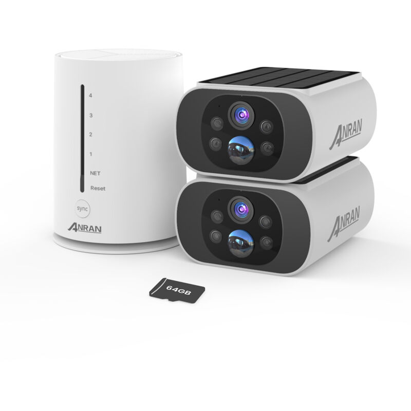 foto del prodotto anran 4mp telecamera wifi esterno senza fili, kit di 2 telecamere videosorveglianza con pannello solare 64gb scheda sd, visione notturna a colori,