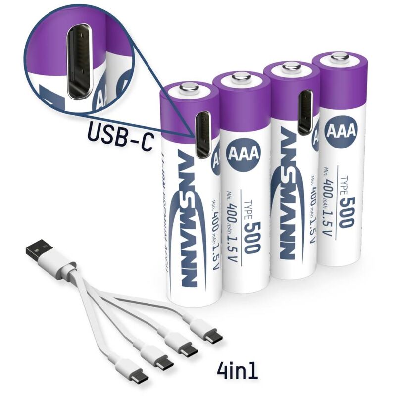 foto del prodotto ansmann lr03 usb c batteria ricaricabile usb c li ion 500 mah 1.5 v 4 pz.