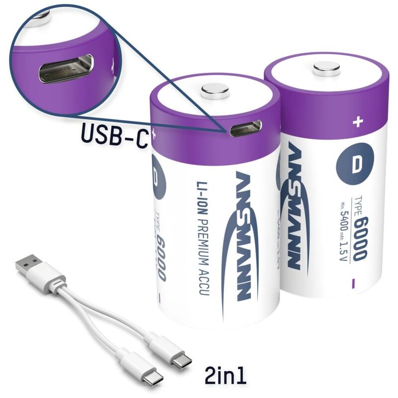 foto del prodotto ansmann lr20 usb c batteria ricaricabile torcia d li ion 6000 mah 1.5 v 2 pz.
