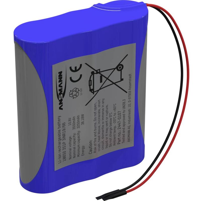 foto del prodotto ansmann pacco batteria 3x 18650 3s1p con cavo li ion 10.8 v 3350 mah