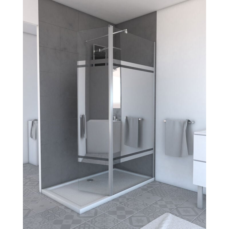 foto del prodotto anta pivotante per parete doccia fissa 40x200cm vetro 6 mm con fascia a specchio profilo cromato