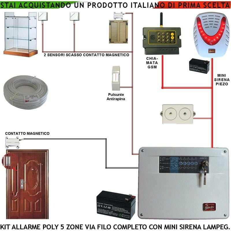 foto del prodotto antifurto poly kit impianto centrale a 5 zone 2 sensori di scasso 2 contatti magnetici sirena interna ed esterna autoalimentata lampeggiante 2 chiavi
