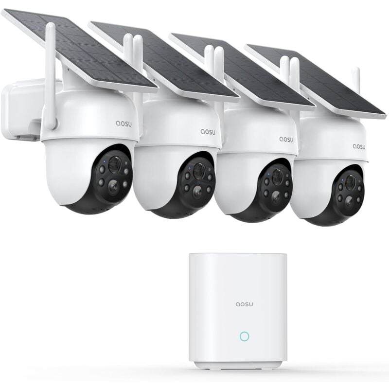 foto del prodotto aosu 2k telecamera wifi con pannello solare, 4 kit telecamera wi fi esterno senza fili, videocamera con 166 ultra wide view, permanent power,