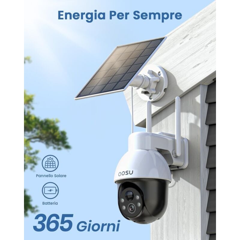 foto del prodotto aosu 3k telecamera wifi esterno senza fili, panorama a 360 , 5mp telecamera a batteria di sicurezza con pannello solare, rilevamento pir di persone e