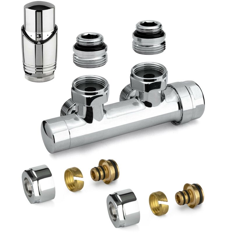foto del prodotto apm kit valvola ad h termostatizzabile a squadra colore cromo con adattatore per tubi multistrato 343kc 015 m 16 12 cromo