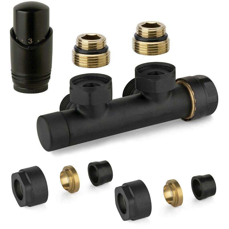 foto del prodotto apm kit valvola ad h termostatizzabile a squadra colore nero con adattatore per tubi rame 343knn 015 r 12 nero