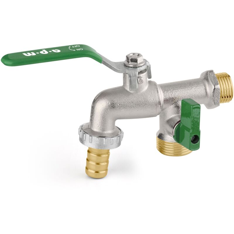 foto del prodotto apm rubinetto sfera da giardino doppio attacco 1 2 con portagomma e mini valvola 2040stv 015 1 2 x 3 4 x 3 4 