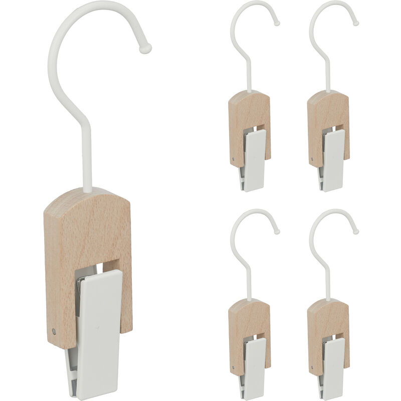foto del prodotto appendi stivali, set da 5, gruccia in legno con clip e gancio in ferro, mollette gommate, bianco e legno relaxdays