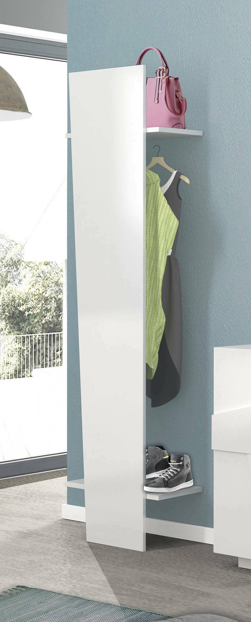 foto del prodotto appendiabiti allinko, made in italy, tubo per vestiti e 2 ripiani, mobile ingresso, entratina moderna, cm 50x30h200, bianco lucido laccato