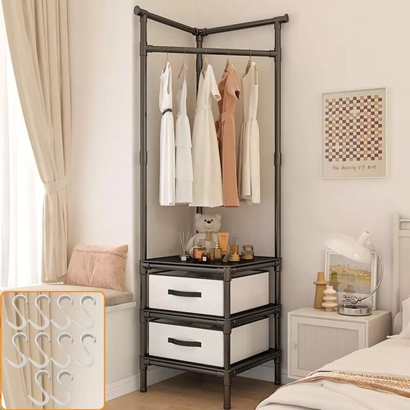 foto del prodotto appendiabiti angolare mobile da ingresso 10 ganci 3 livelli 2 cassetti facile da montare 175 x 45 x 45 cm nero