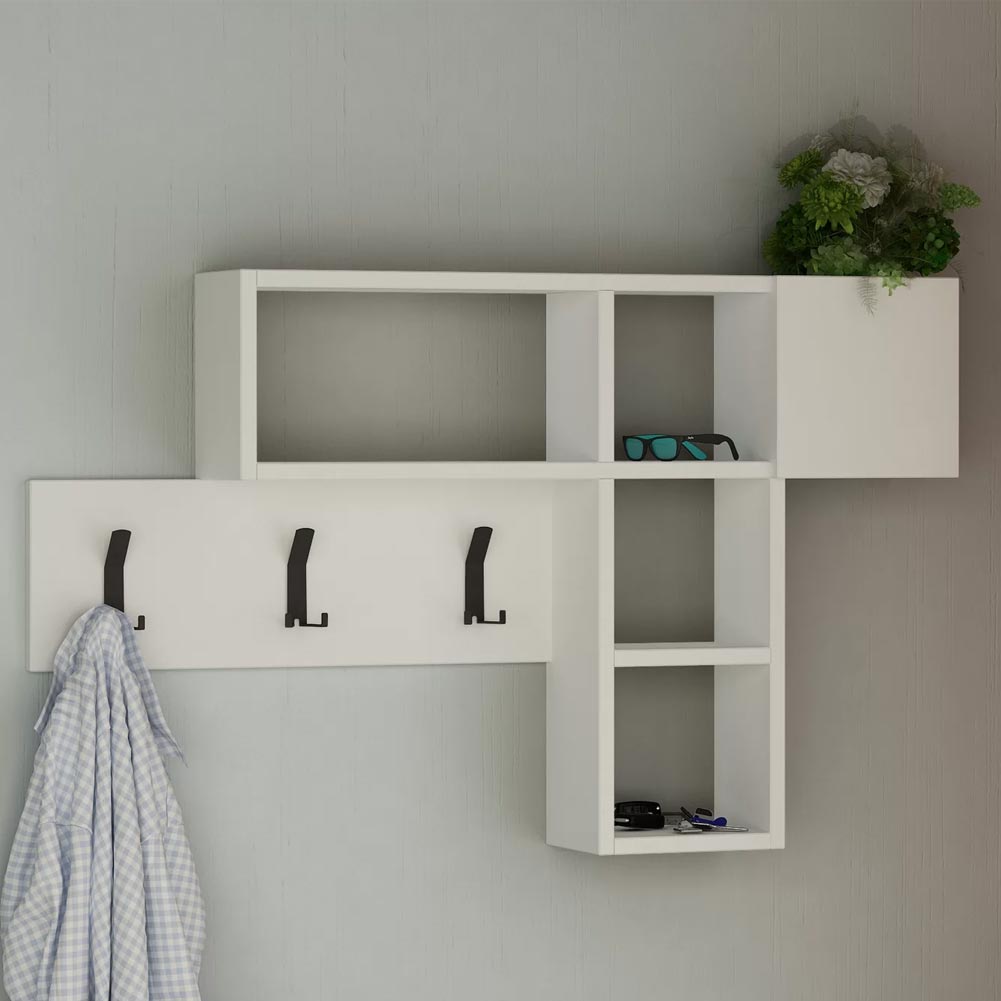 foto del prodotto appendiabiti attaccapanni parete legno 9 ganci appendi abiti cn mensole bianco