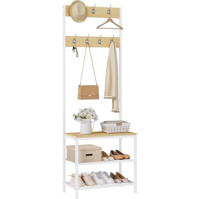 foto del prodotto appendiabiti con ripiano per scarpiere, mobile d ingresso con panchina, 3 in 1, per ingresso, corridoio, bianco rovere chiaro woltu