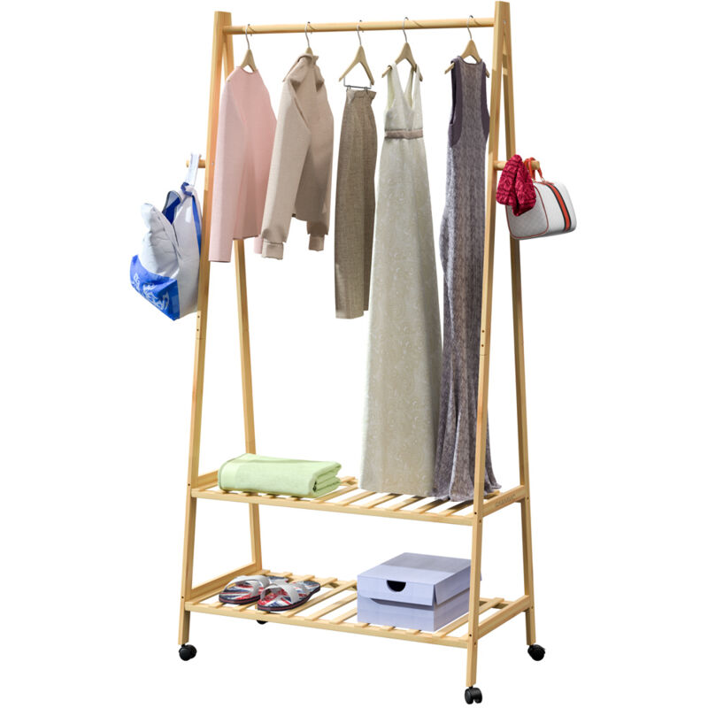 foto del prodotto appendiabiti con rotelle e ripiani in legno stabile porta abiti in bamb incl. 4 ganci 155x70cm corridoio casaria